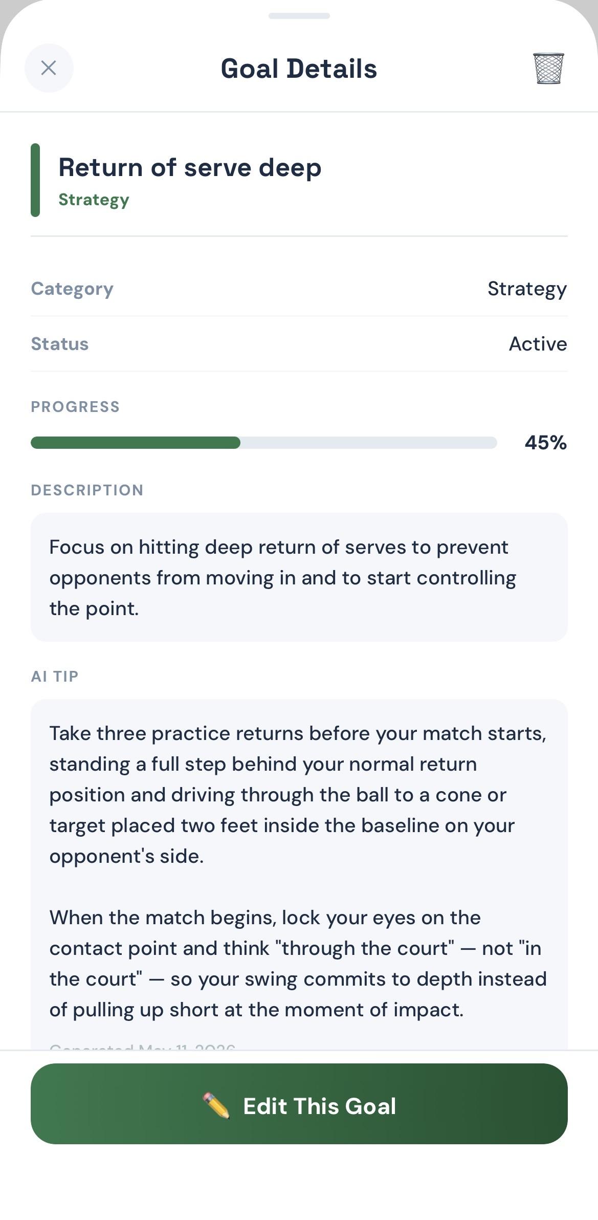 AI Coaching screen in the RallyEdge app