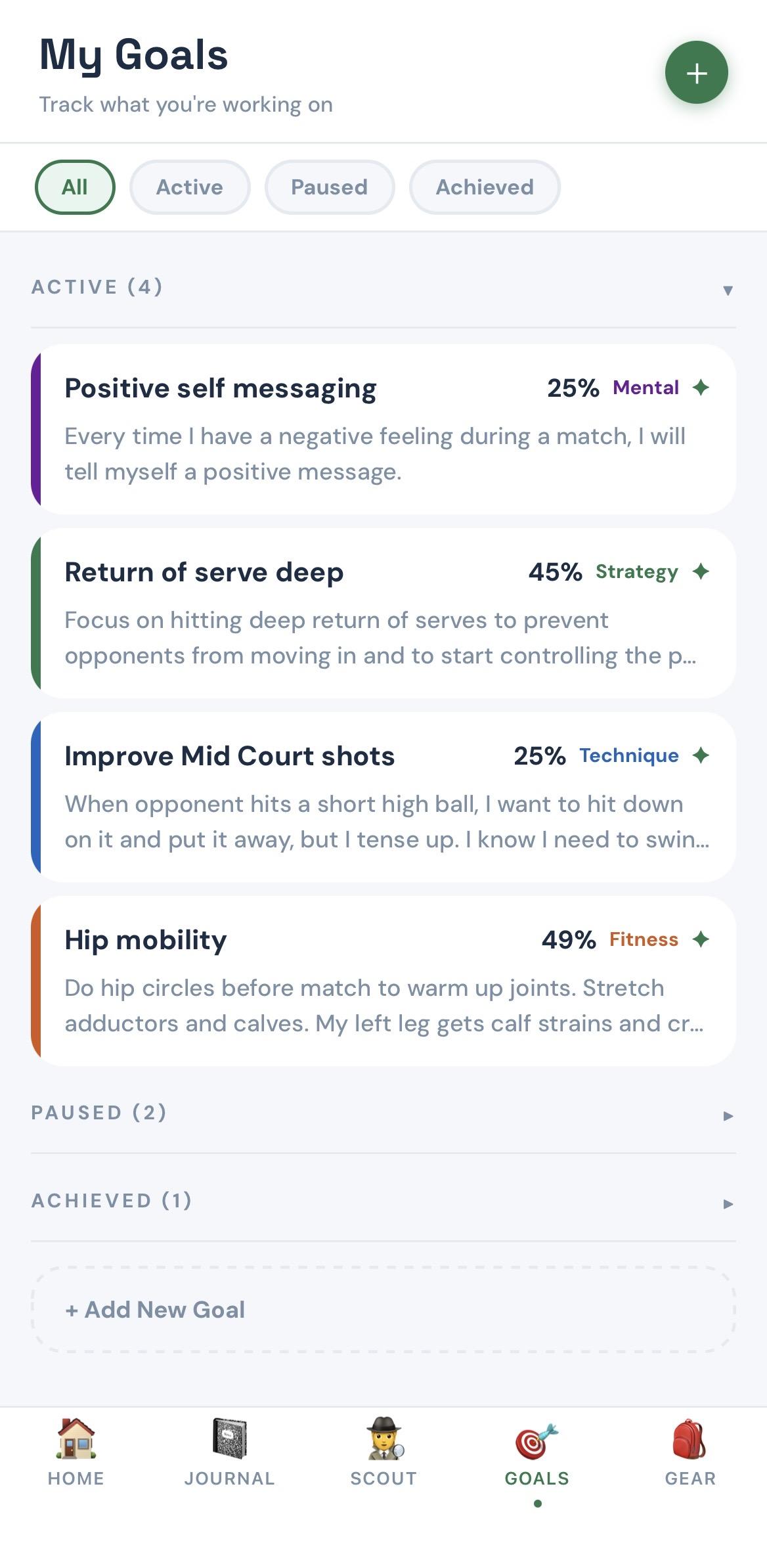 Goals screen in the RallyEdge app