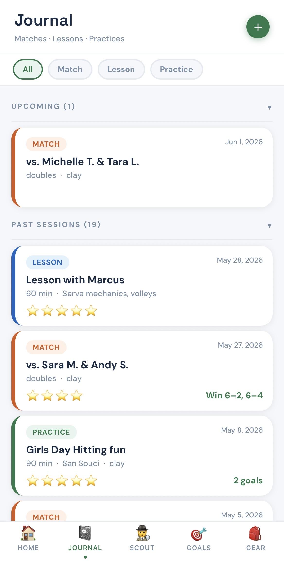 Match Journal screen in the RallyEdge app